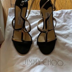 Stunning Jimmy Choo gold & black leather sandals